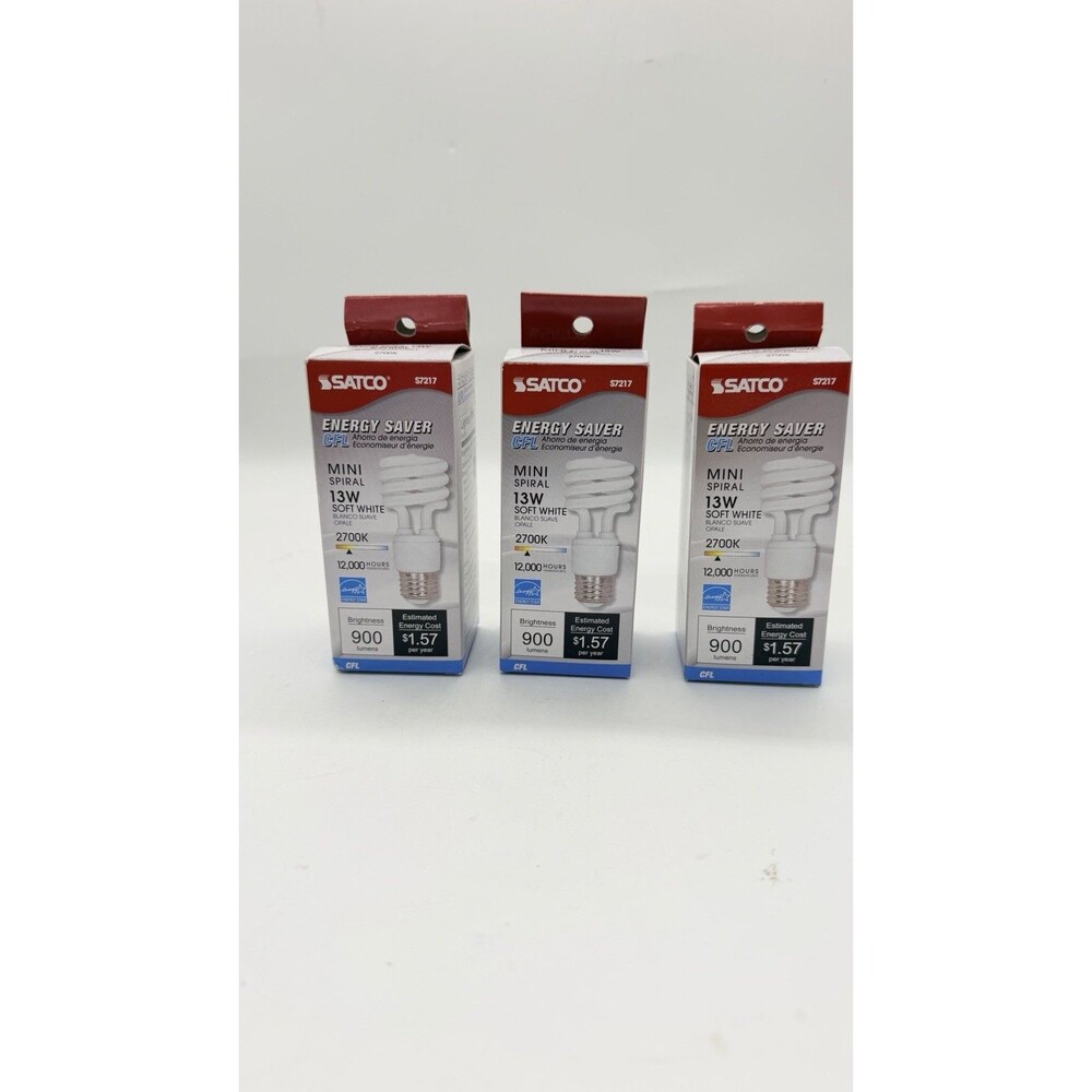 3 Satco S7217 13W CFL Mini Spiral Bulb 2700K Soft White E26 Medium Base NOS